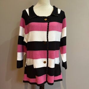 Berek Color Block Button Sweater Size XL Black Pink White With Metallic Thread
